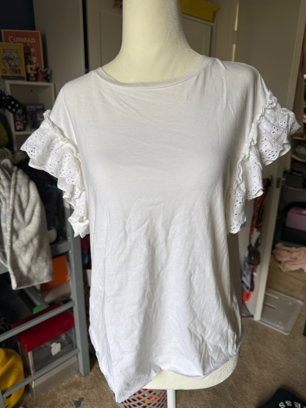 All saints Women’s White Ruffle Eyelet Sleeve Tee